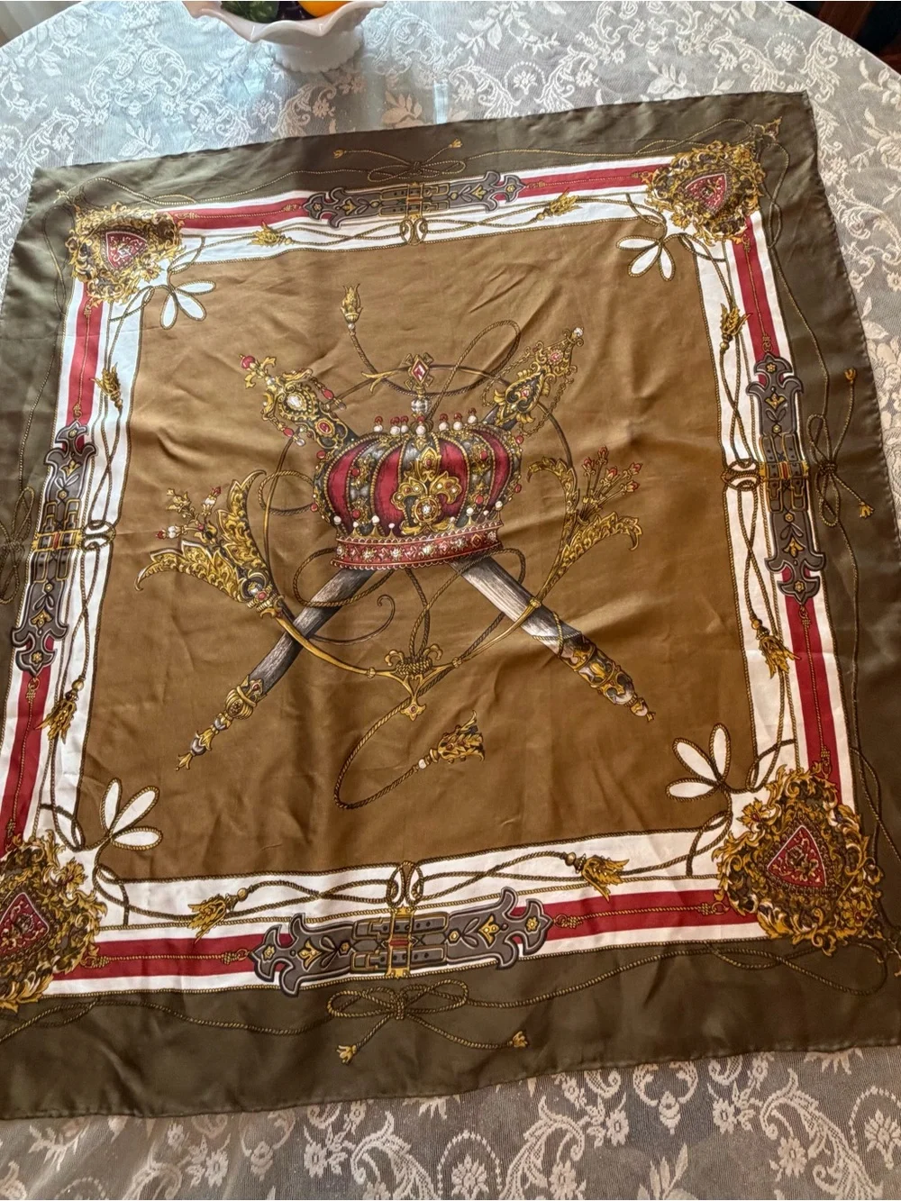 Vintage Olive Crown & Swords Decorative Silk Scarf